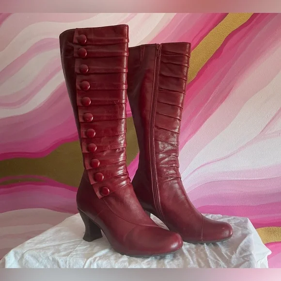 Miz Mooz Deep Red Button Detail Heeled Boots - Picture 3 of 16